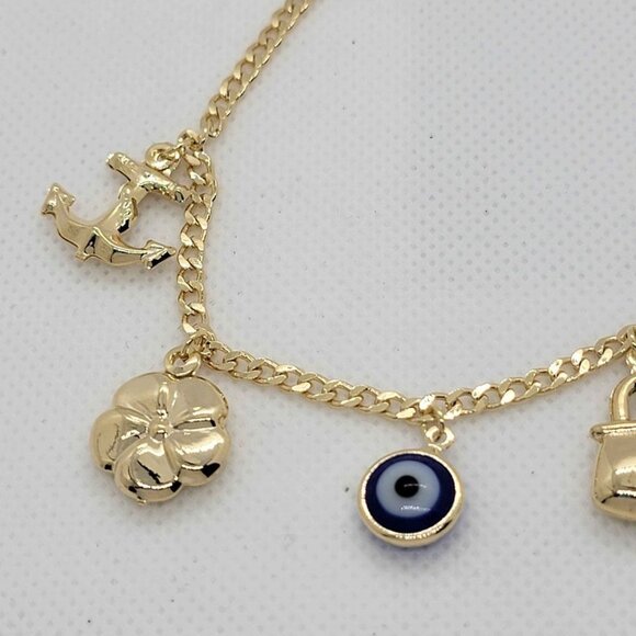Brand New Brazilian 18k Gold Filled Multi Charms w/   Blue Evil Eye Bracelet - Picture 6 of 7